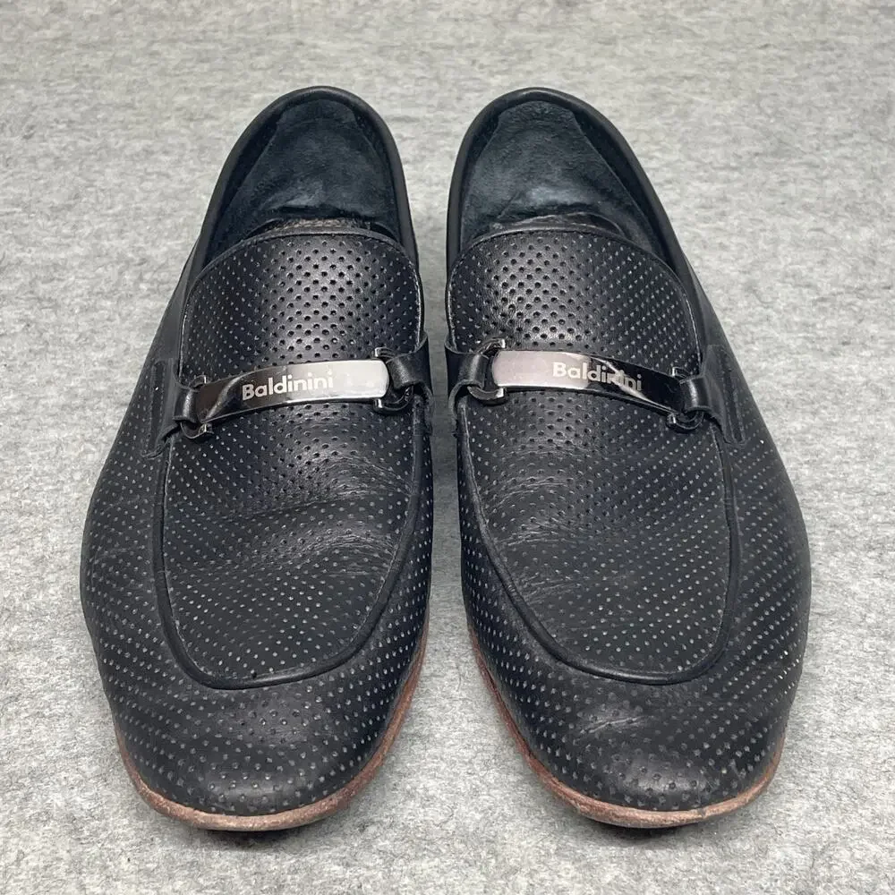 Baldinini Men 10 Loafers Black Perforated Leather Laser Cut Italy Luxury Slip-on